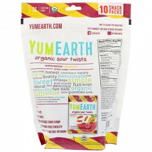 YumEarth, Органические кислые завитушки, Арбузный лимонад, 10 упаковок с перекусом, 0,7 унц. (19,8 г) каждый