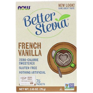 Now Foods, Стевия (BetterStevia) сахарозаменитель с нулевой калорийностью, французская ваниль, 75 пакетиков по 1 г в каждом