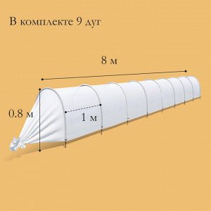 Парник прошитый, длина 8 м, 9 дуг из пластика, дуга L = 2 м, d = 20 мм, спанбонд 35 г/м², «Ленивый»