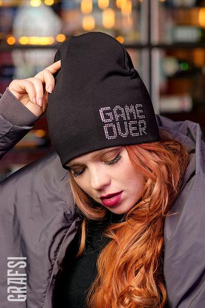 311F Шапка двухслойная "GAME OVER". Стразы. Черная.