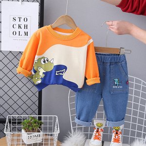 Детский комплект: свитшот, принт "дракон" + джинсы, цвет оранжевый/синий