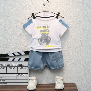 Детский комплект: футболка, принт "мишка", цвет белый + шорты, цвет синий