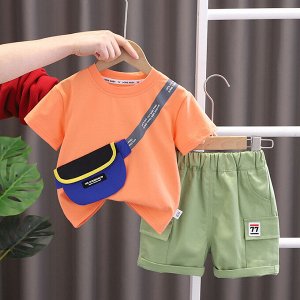 Детский костюм: футболка, декор "сумка", цвет оранжевый + шорты, цвет зеленый
