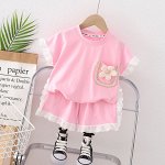 Детский костюм: футболка + шорты, с кружевом, цвет розовый