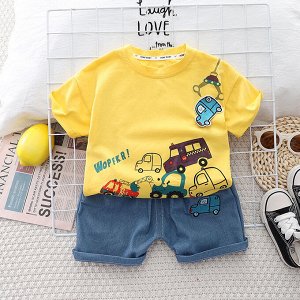 Детский костюм: футболка + шорты, принт "машины", цвет желтый/синий