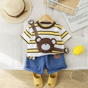 Детский костюм: футболка, декор "сумка-мишка", цвет желтый/белый + шорты