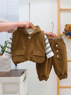 Детский комплект: лонгслив, принт "полоски" + жилет с капюшоном + брюки, цвет коричневый