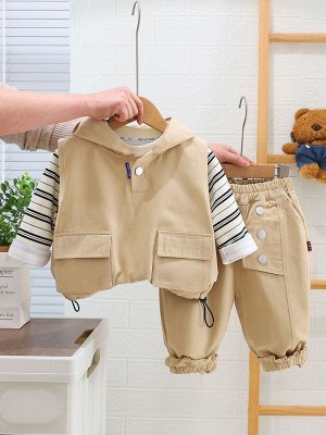 Детский комплект: лонгслив, принт "полоски" + жилет с капюшоном + брюки, цвет бежевый