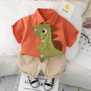 Детский костюм: рубашка, принт "динозавр", цвет оранжевый + шорты, цвет бежевый