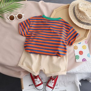 Детский костюм: футболка, принт "полоски", + шорты, принт "динозавр", цвет синий/оранжевый/бежевый