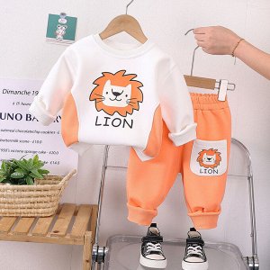 Детский костюм: свитшот + брюки, принт "лев", цвет белый/оранжевый