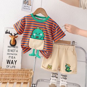 Детский костюм: футболка, принт "полоски", + шорты, принт "динозавр", цвет синий/оранжевый/бежевый