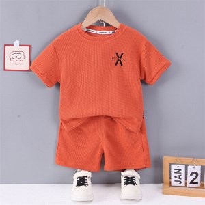 Детский костюм: футболка, с вышивкой + шорты, цвет оранжевый