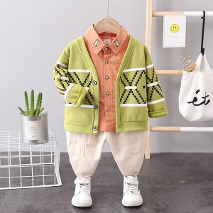 Детский комплект: кардиган с принтом + рубашка + брюки, цвет зеленый/оранжевый/бежевый