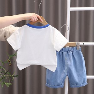 Детский комплект: футболка + джинсовые шорты, с принтом, цвет белый/синий