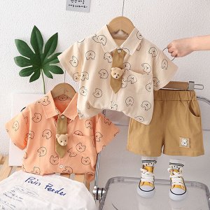 Детский комплект: рубашка с галстуком, принт "мишки" + шорты, цвет оранжевый/коричневый