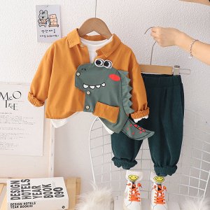 Детский комплект: рубашка + лонгслив, принт "динозавр" + брюки, цвет оранжевый/белый/зеленый