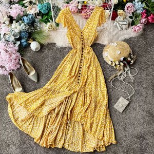 Асимметричное длинное платье на пуговицах, с V-образным вырезом и открытой спиной, с цветочным принтом, желтый