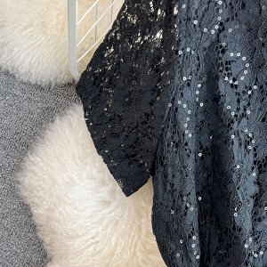 Вечернее платье с V-образным вырезом и короткими рукавами, расшитое пайетками, с принтом, черный