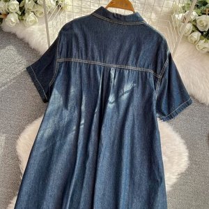 Джинсовое платье-рубашка с короткими рукавами, темно-синий