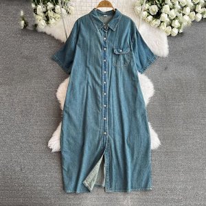 Джинсовое платье-рубашка с короткими рукавами, синий
