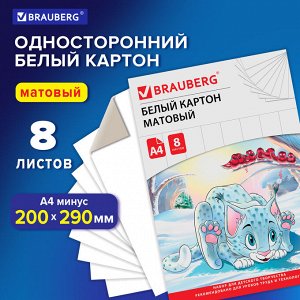 Картон белый А4 немелованный,  8 листов, в папке, BRAUBERG, 200х290мм, Барсик 1, 129902