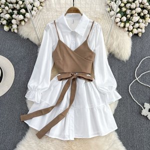Платье-рубашка с длинными рукавами-фонариками + топ-пояс, белый/коричневый