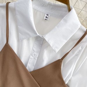Платье-рубашка с длинными рукавами-фонариками + топ-пояс, белый/коричневый
