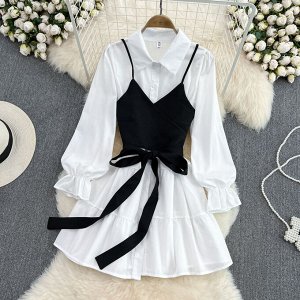 Платье-рубашка с длинными рукавами-фонариками + топ-пояс, белый/черный