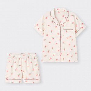 GU - атласная пижама с шортиками в расцветке с персиками - 01 OFF WHITE