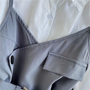 Удлиненная рубашка с длинными рукавами + сарафан с запахом, белый/серый