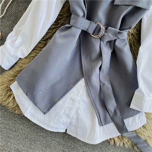 Удлиненная рубашка с длинными рукавами + сарафан с запахом, белый/серый