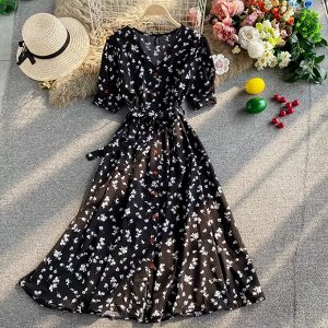 Летнее длинное платье на пуговицах, с V-образным вырезом, с цветочным принтом, черный