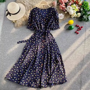 Летнее длинное платье на пуговицах, с V-образным вырезом, с цветочным принтом, темно-синий