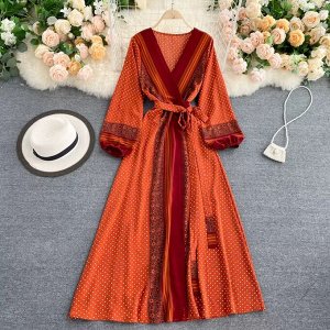 Длинное платье с V-образным вырезом и принтом, оранжевый