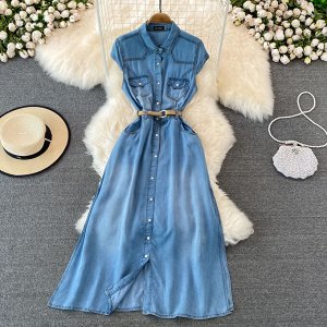 Джинсовое длинное платье с короткими рукавами и боковыми разрезами, синий