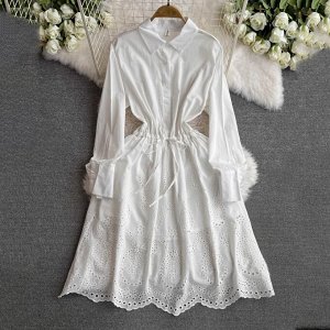 Платье-рубашка с длинными рукавами-фонариками и с перфорацией, белый