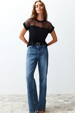 Trendyomilla Черная трикотажная футболка из органзы с круглым вырезом и детальным узором обычного