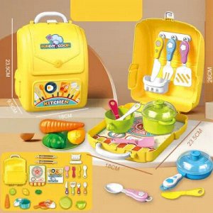 Игровой набор "Кухня" в рюкзаке(пластик), 25 дет:посуда,овощи,стол.приборы, 17*21*9см