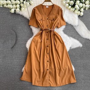 Платье-миди с короткими рукавами, коричневый