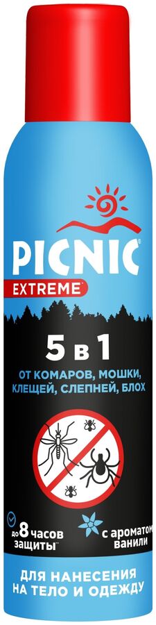 Средство от комаров клещей мошки слепни аэрозоль PICNIC Extreme 150мл 5в1