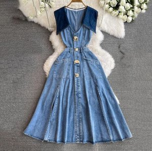 Джинсовое платье без рукавов, длинное, с разрезами, синий