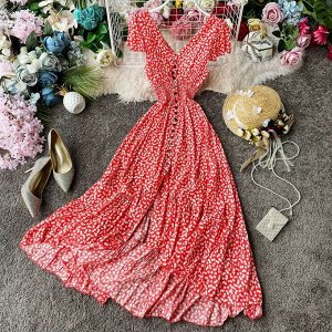 Асимметричное длинное платье на пуговицах, с V-образным вырезом и открытой спиной, с цветочным принтом, красный