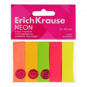 ERICH KRAUSE Закладки с клеевым краем бумажные 15x50 мм, ErichKrause &quot;Neon&quot;, 500 листов, 5 цветов