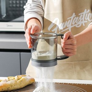Мерный стакан/сито для просеивания муки, сахарной пудры, какао, просеиватель, деления 125 и 250, 375 мл, с механической ручкой