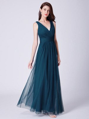 Вечернее элегантное бирюзовое платье с V-образным вырезом и плиссированным лифом