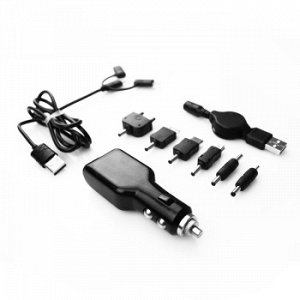 Заряд. для мобил. устр-в "CarFort" 12-24v, 1A   USB, с набором адапторов + кабель iPhone5,  ЧЕРНОЕ CF-1680.b