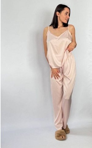 Комплект домашний, пижама, костюм женский с брюками шелковый пудра