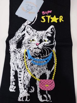 Футболка детская для девочки хлопок с принтом SUPER STAR CAT цвет Черный