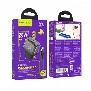 Сетевое зарядное устройство быстрая зарядка HOCO N34 Dazzling USB+USB-C + кабель Iphone to Type-C PD20W+QC3.0